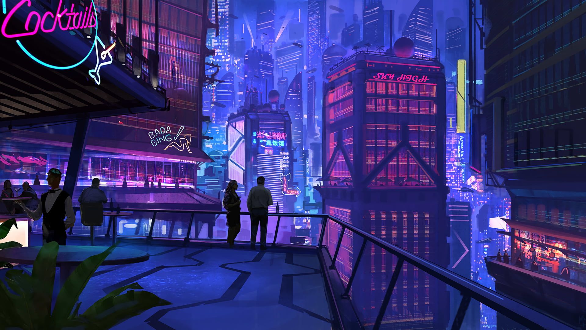 Pink and gray animated buildings illustration wallpaper group of person standing in front of neon buildinâ building illustration cyberpunk city futuristic city