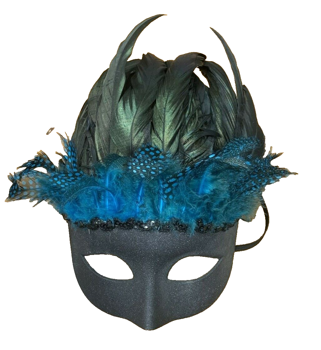 Masquerade mask black wgold blue feathers lace venetian mardi gras masks