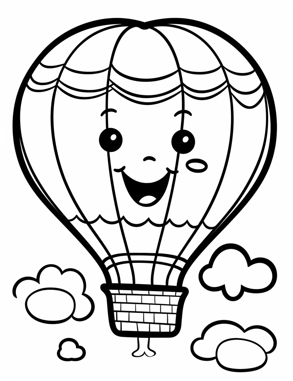 Kawaii hot air balloon floating in the sky with a happy passenger for simple coloring pageline art thick lines black and whiteclipart illustration on white backgrounddetaileddetails