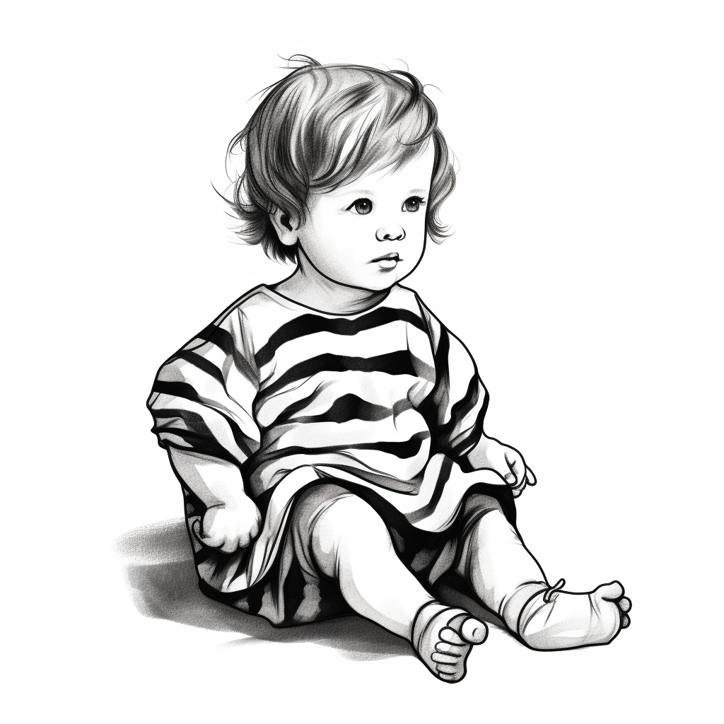 Baby in baggy loose dress simple clipart bold lines black white coloring page style no background