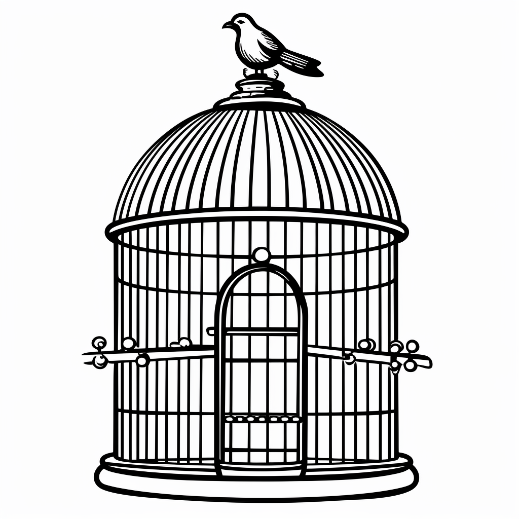 Empty birdcage simple clipart bold lines black white coloring page style no background
