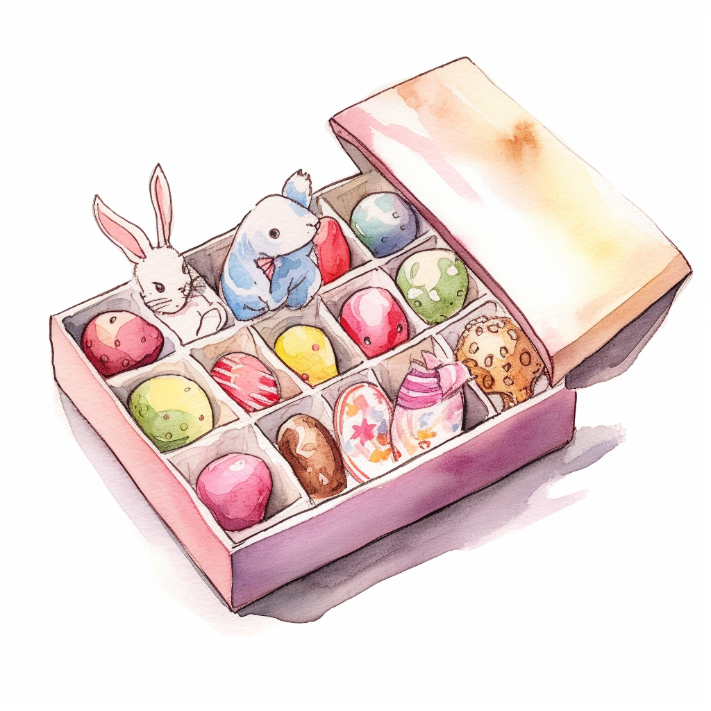 Whimsical watercolour cute clip art against a white background easter themed box of chocolates