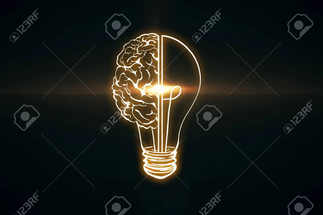 Creative glowing lamp brain on black wallpaper innovation and ai concept d rendering stock photo picture and royalty free image image