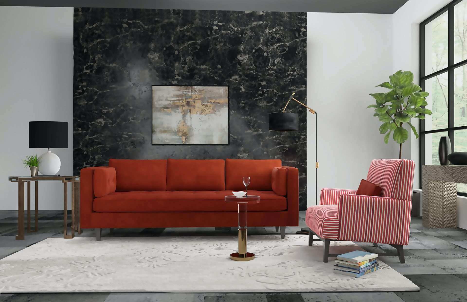 Marq living room brees sofa modern furniture lighting and art