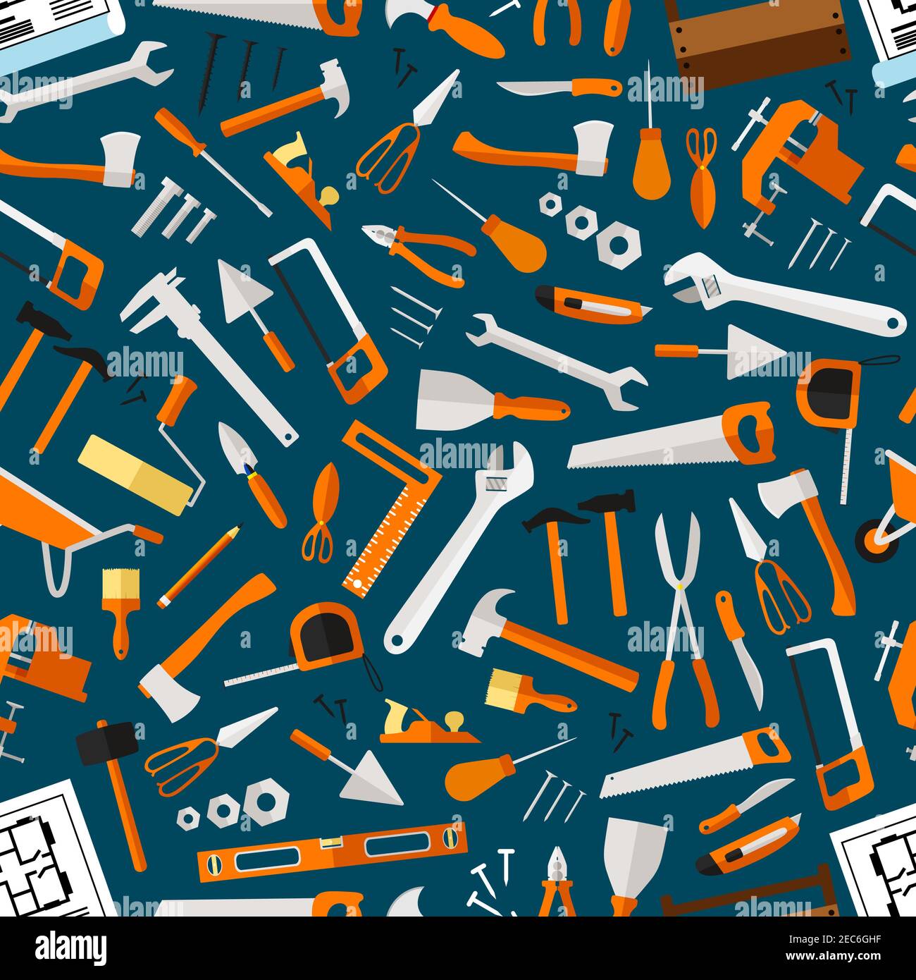 Construction and repair tools seamless pattern wallpaper carpentry flat icons background carpenter and builder working elements vector hammer axe stock vector image art