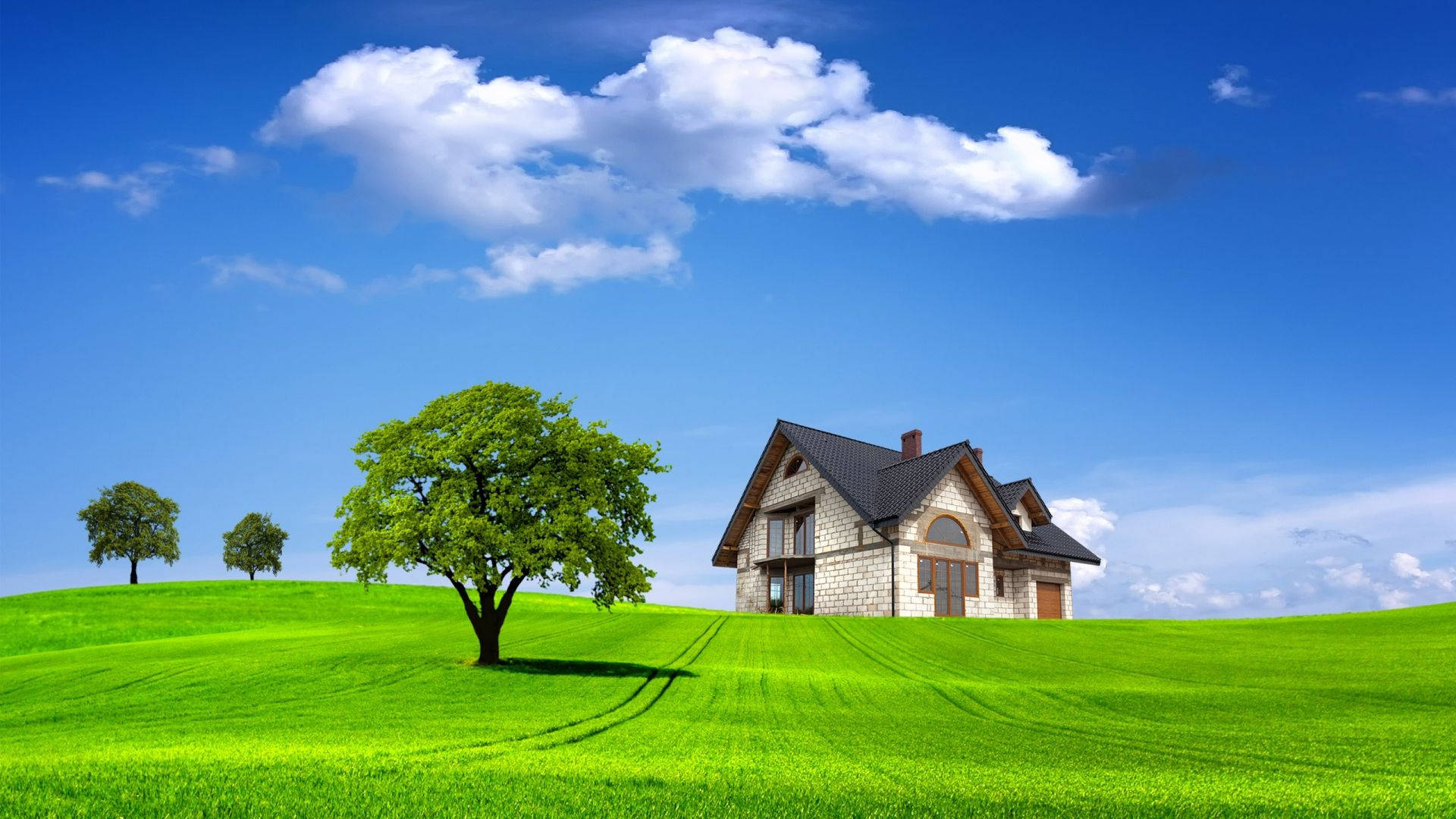 Download hd house in green field wallpaper