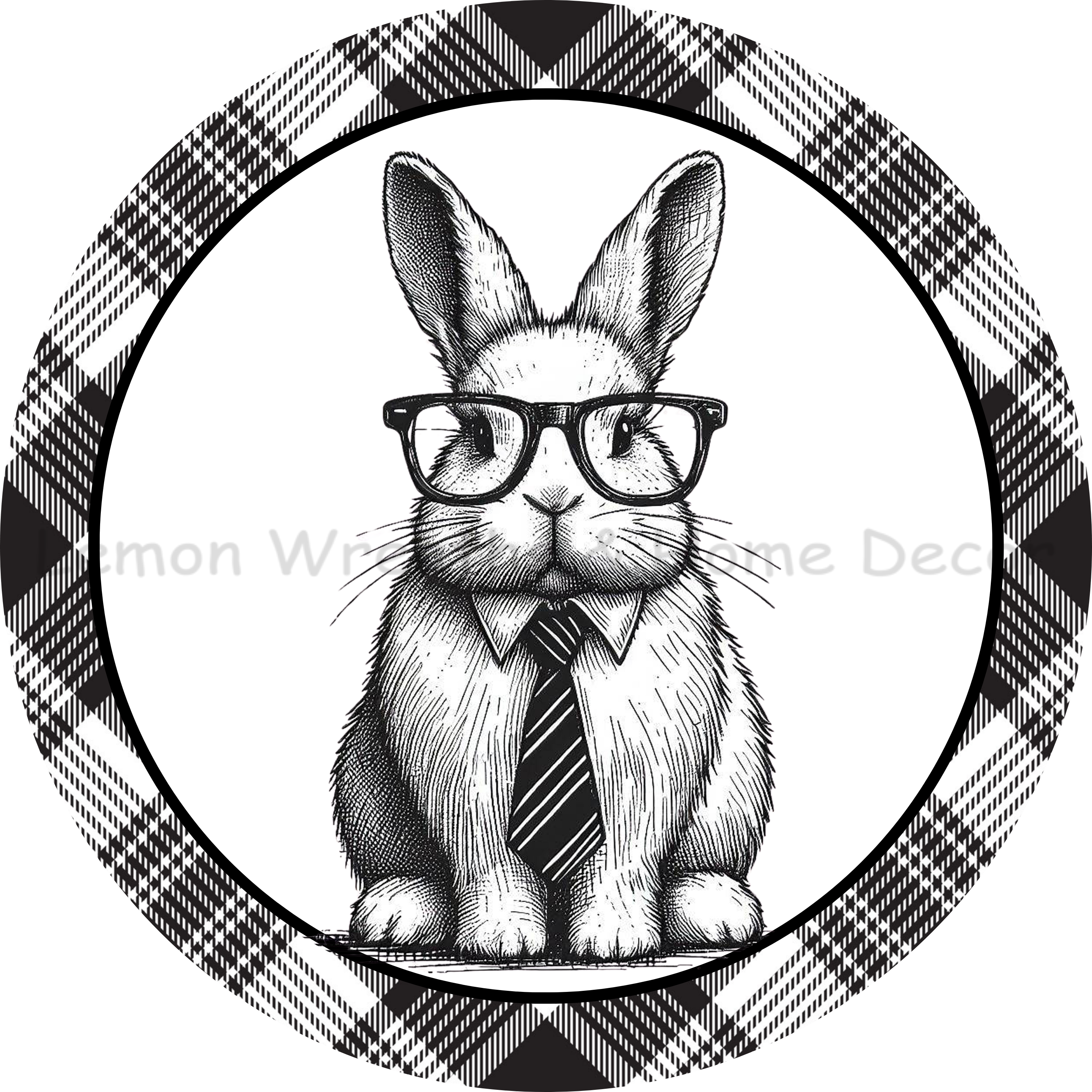 Monochrome bunny wearing glasses metal sign â lemon wreaths home decor