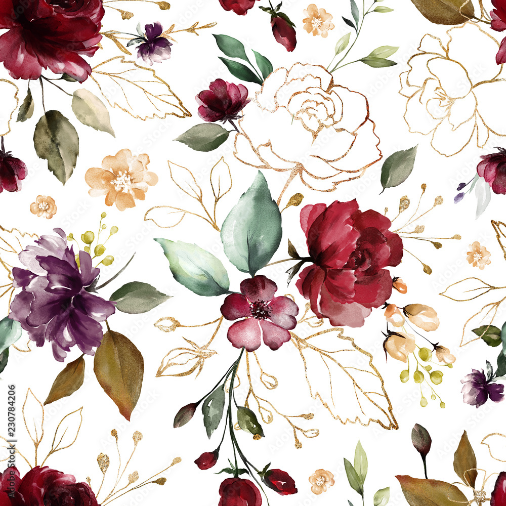Burgundy Flowers Fabric, Wallpaper and Home Decor