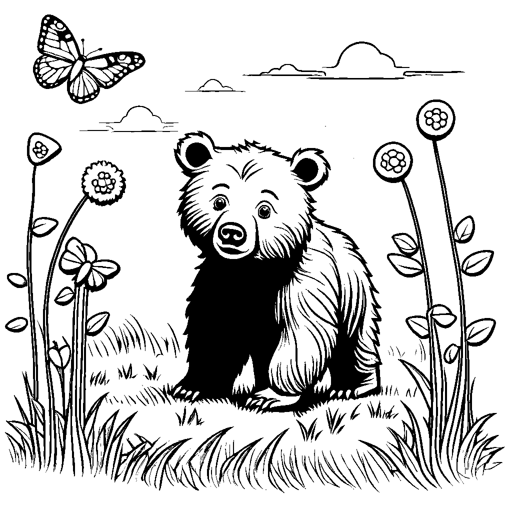 Baby brown bear playing with butterfly line art â lulu pages