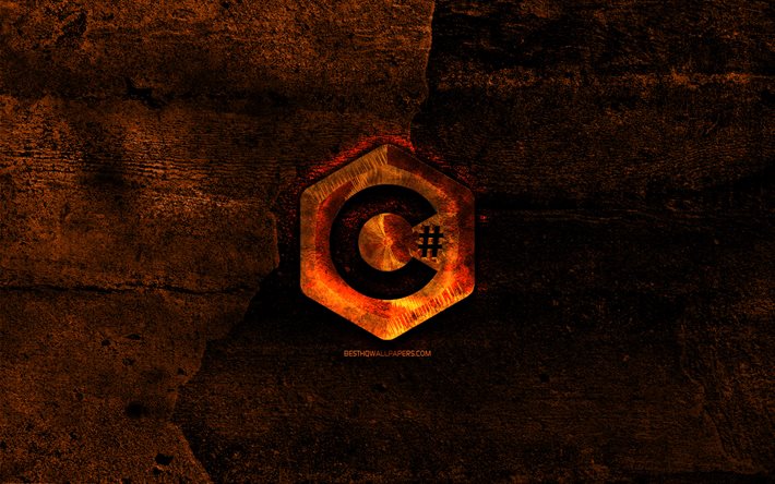 Download wallpapers c sharp fiery logo programming language orange stone background creative c sharp logo programming language signs c sharp for desktop free pictures for desktop free