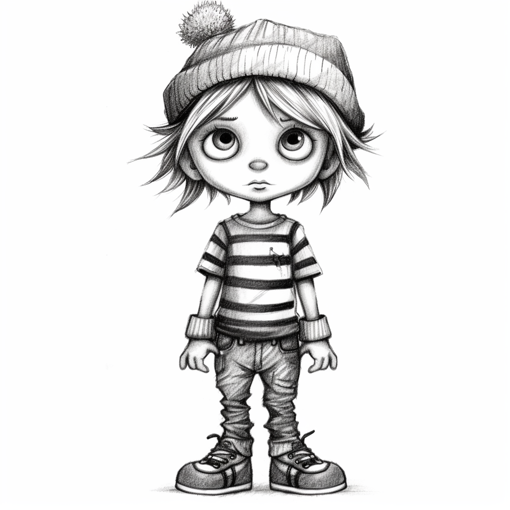 Little boy doll style thin black contour lines jeans sneakers striped hat spiky hair cartoon clipart cute eyes illustration for kids disney