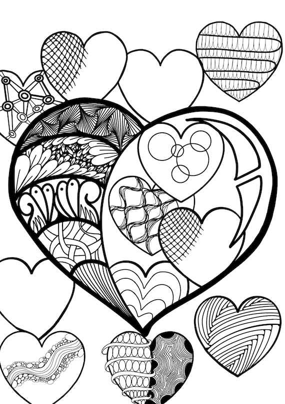 A digital downloadable adult colouring page valentines heart doodle