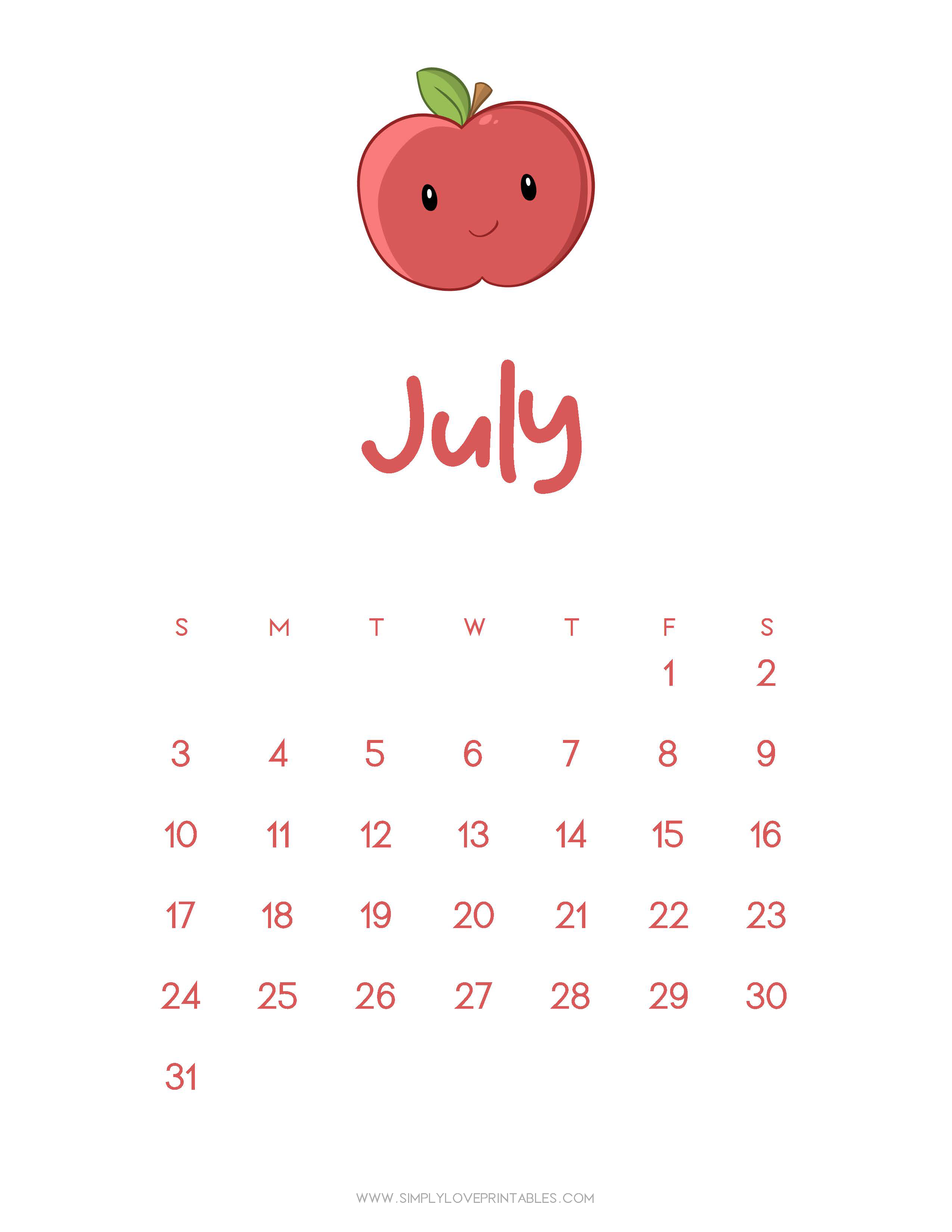 Simply love printables july cute apple calendar printables calendar coloring calendar