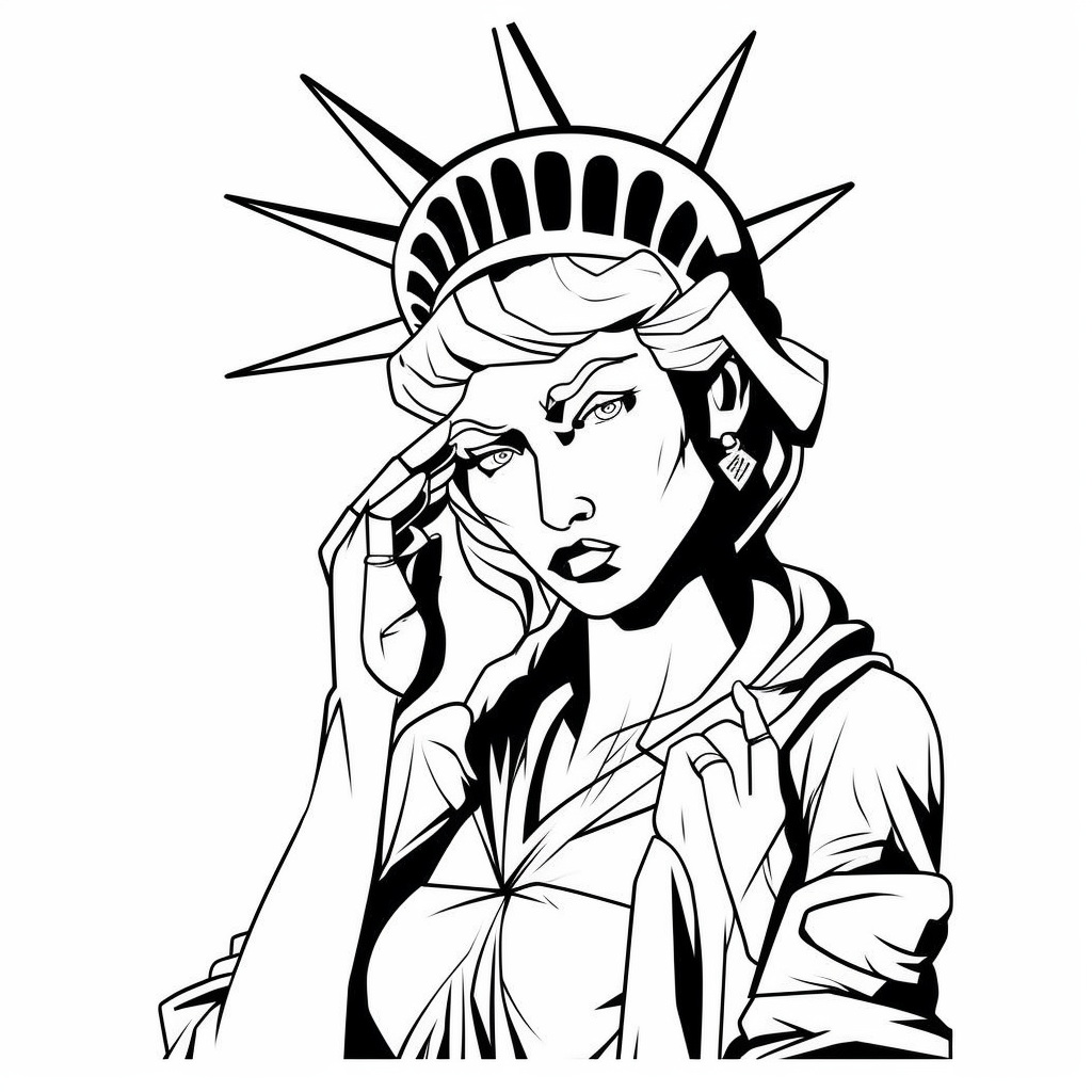 Black and white coloring page of lady liberty as a call of duty warrior hd vector clipart cartoon minimalistic simple outline k thick lines coloring page