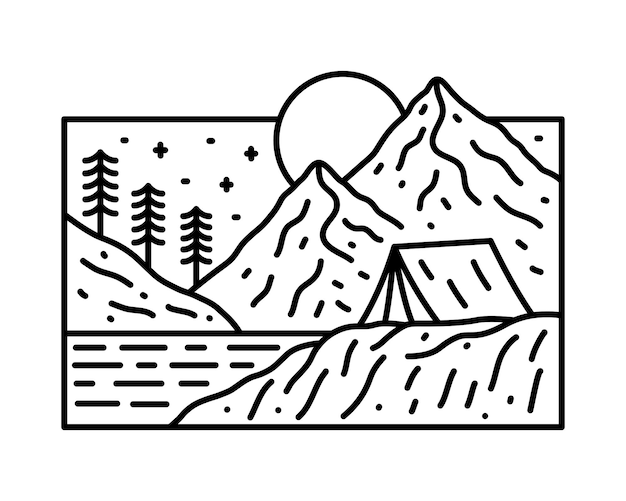 Premium vector camping nature outdoor under the mountains in mono line vector design