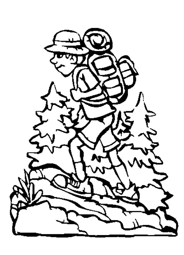 Boy hiking with camping backpack coloring pages