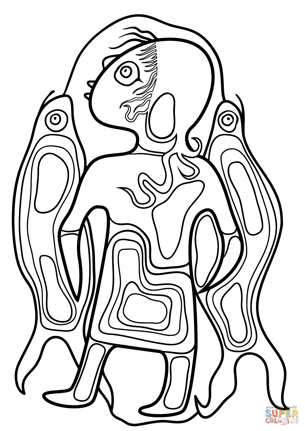 Boy with fish by norval morrisseau coloring page free printable coloring pages