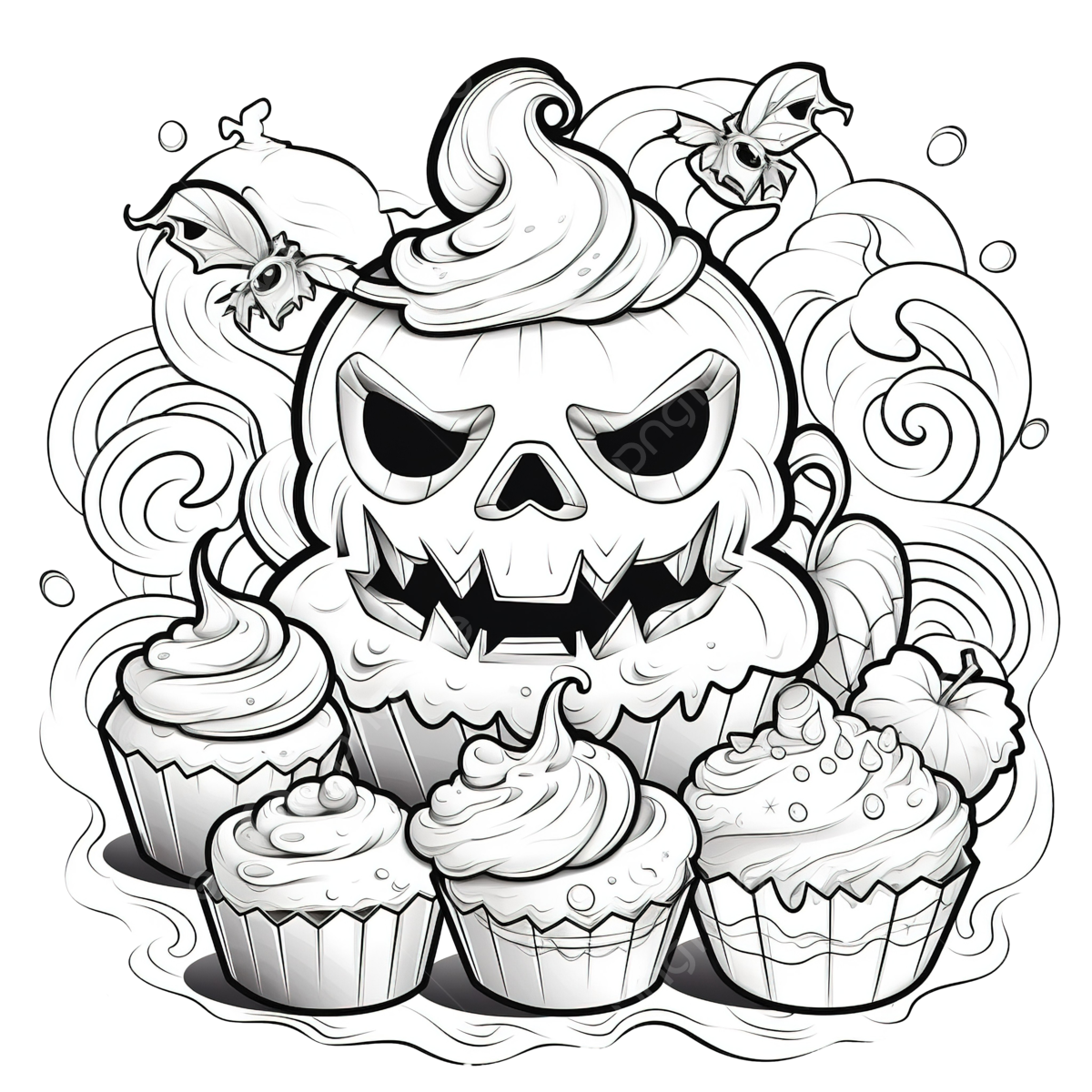 Halloween coloring page with sweet scary pastries sweets and pumpkin pumpkin drawing car drawing halloween drawing png transparent image and clipart for free download