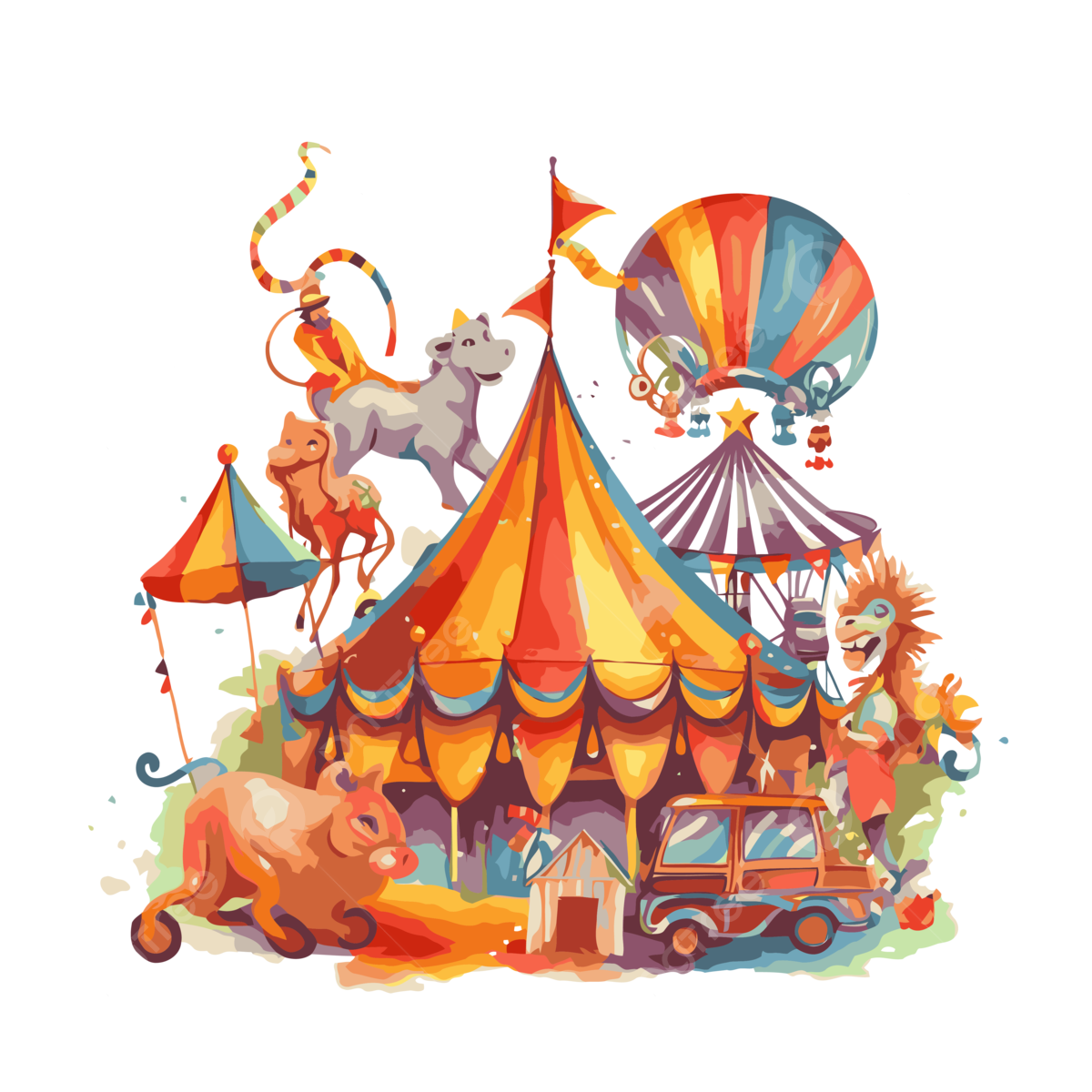 Free carnival vector sticker clipart cartoon colorful circus tent and animals drawing sticker clipart png and vector with transparent background for free download