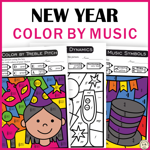 Happy new year music color by code worksheets