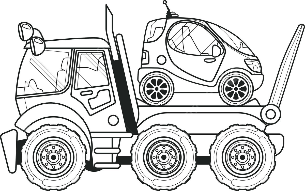 Line art coloring book page of a side view of a towing truck with a miniature car in tow vector car drawing book drawing wing drawing png and vector with transparent background