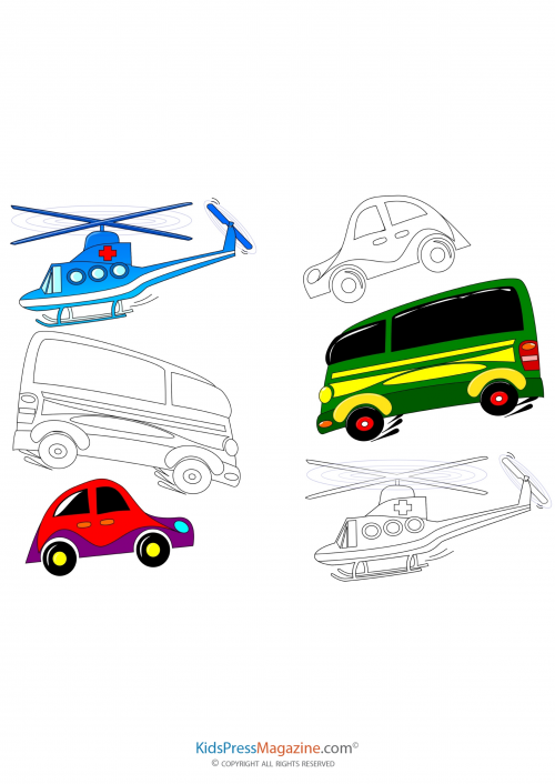 Helicopters buses and cars coloring page