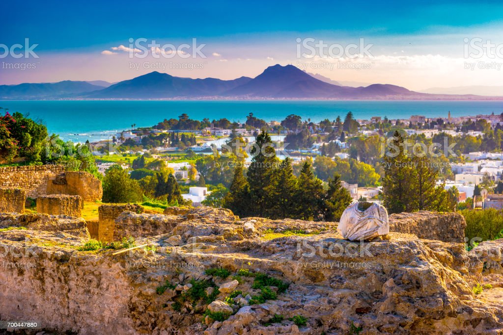 View from hill byrsa with ancient remains of carthage and landscape stock photo