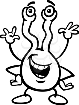 Black and white cartoon illustration of funny strange alien ic ufo character for coloring book