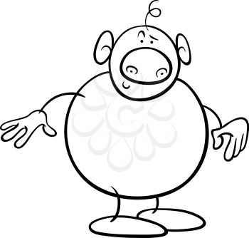 Black and white cartoon illustration of funny fantasy character or strange alien for coloring book