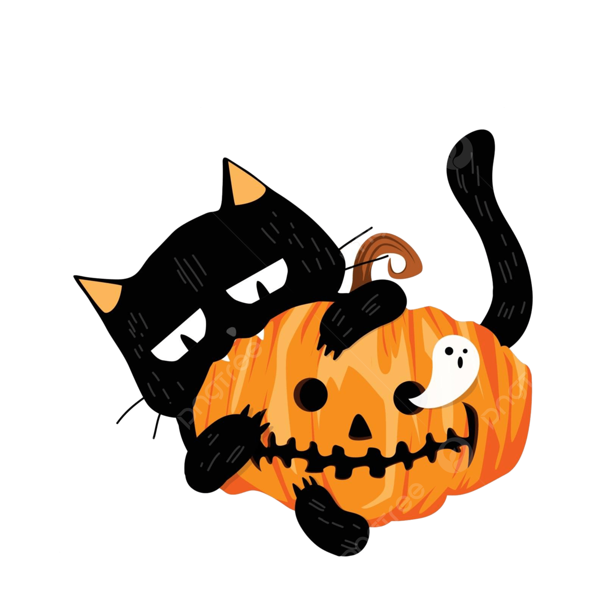 Humorous cat bites pumpkin with ghost happy halloween greeting card vector trick postcard holiday png and vector with transparent background for free download