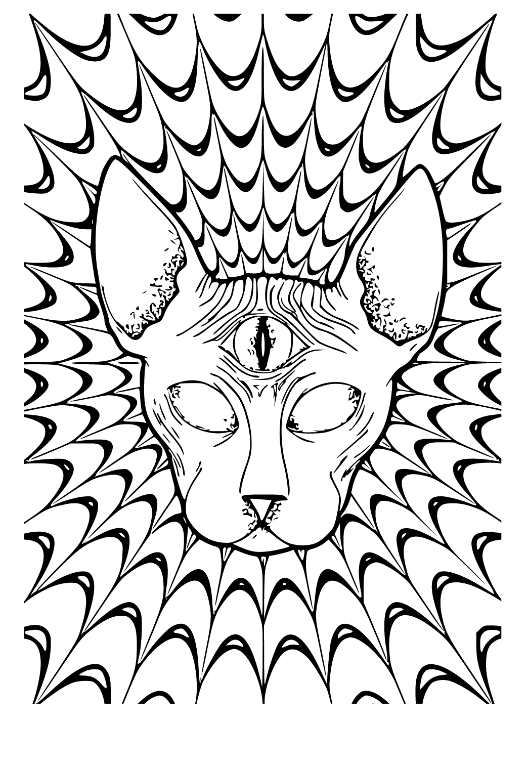 Free printable psychedelic cat coloring page sheet and picture for adults and kids girls and boys