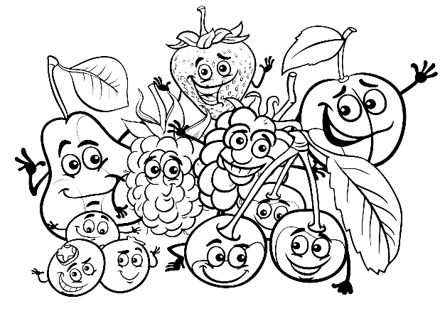 Funny fruits cartoon coloring page