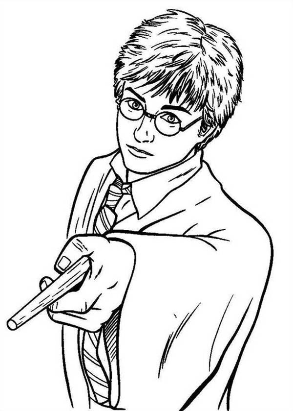 Harry potter pointing his magic wand coloring page