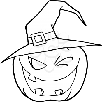 Image of a cartoon coloring page of a black and white halloween pumpkin in a witchs hat school edition
