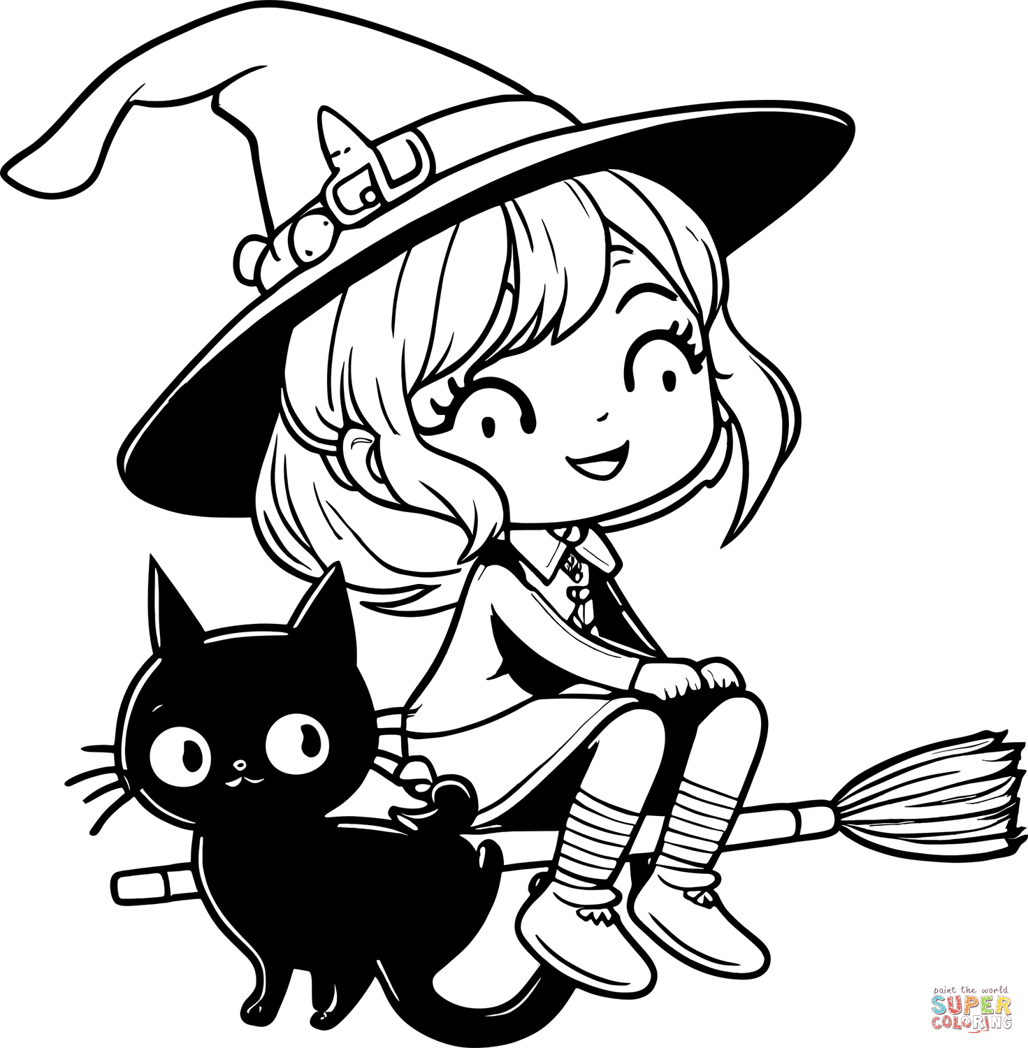 Cute witch with black kitten coloring page free printable coloring pages