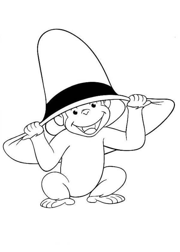 Curious george wear big hat coloring page