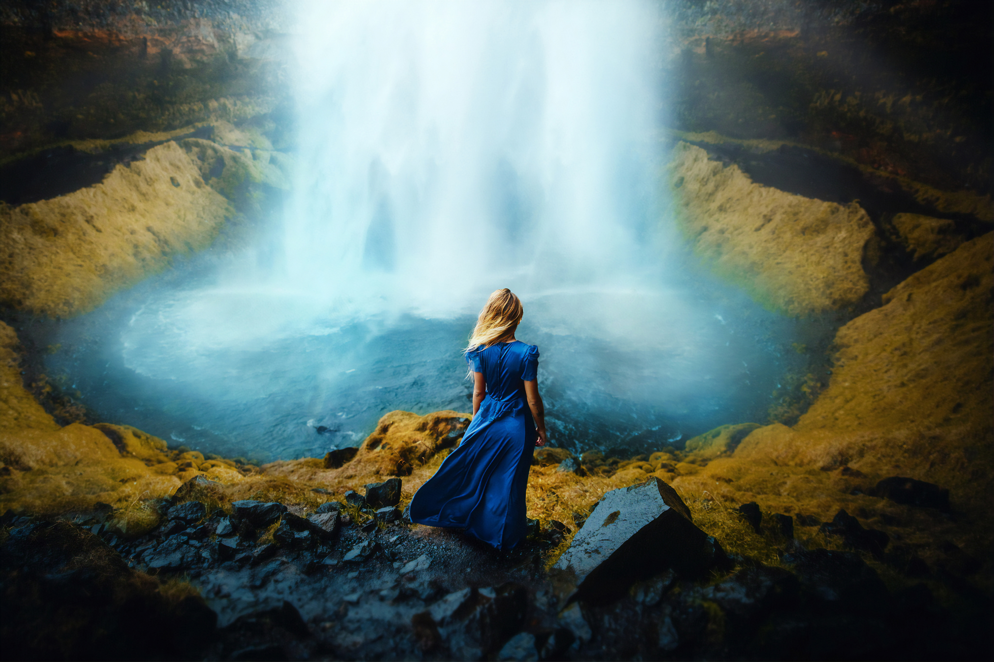 Woman in a dress in front of waterfall wallpaper k ultra hd id