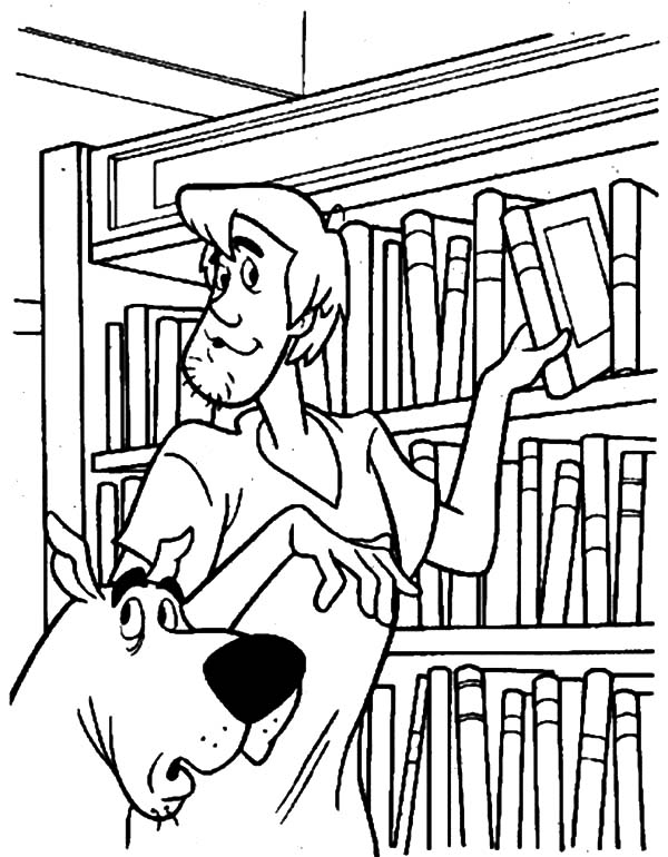 Scooby doo and shaffy picking book in library coloring pages