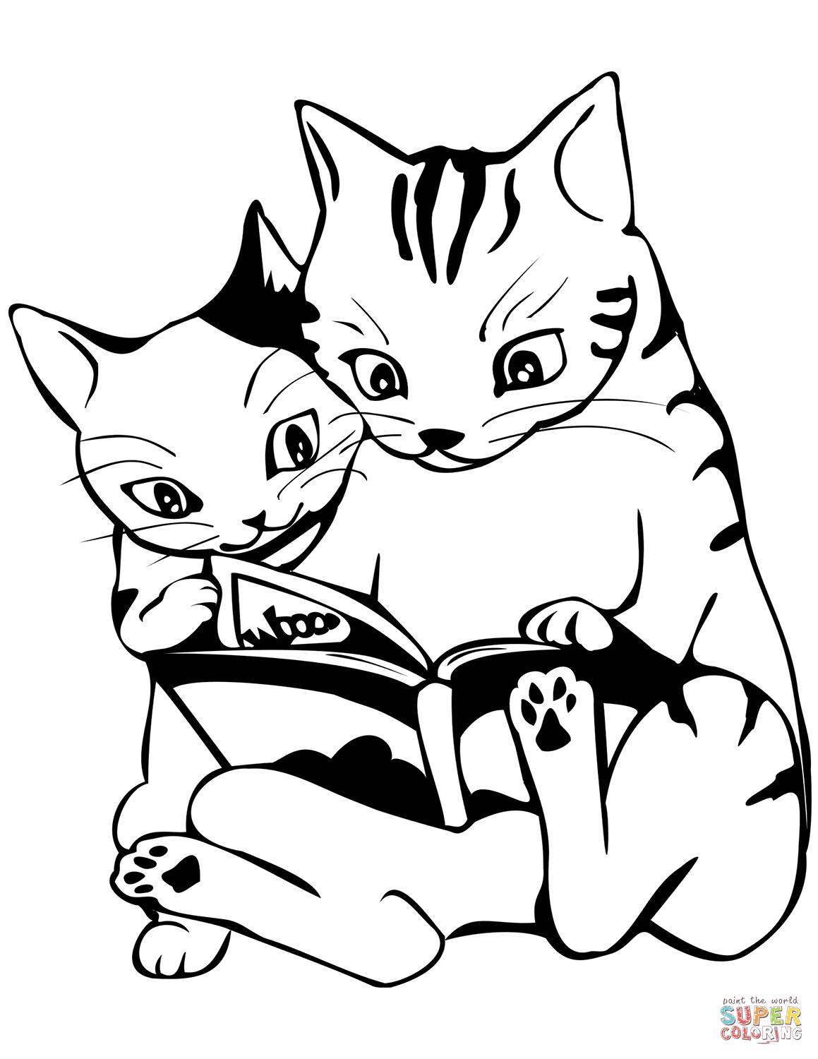 Two cats reading a book coloring page free printable coloring pages