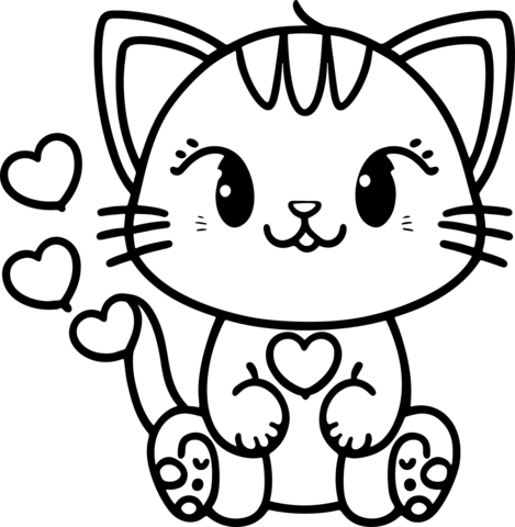 Cute kitten with hearts coloring page free printable coloring pages