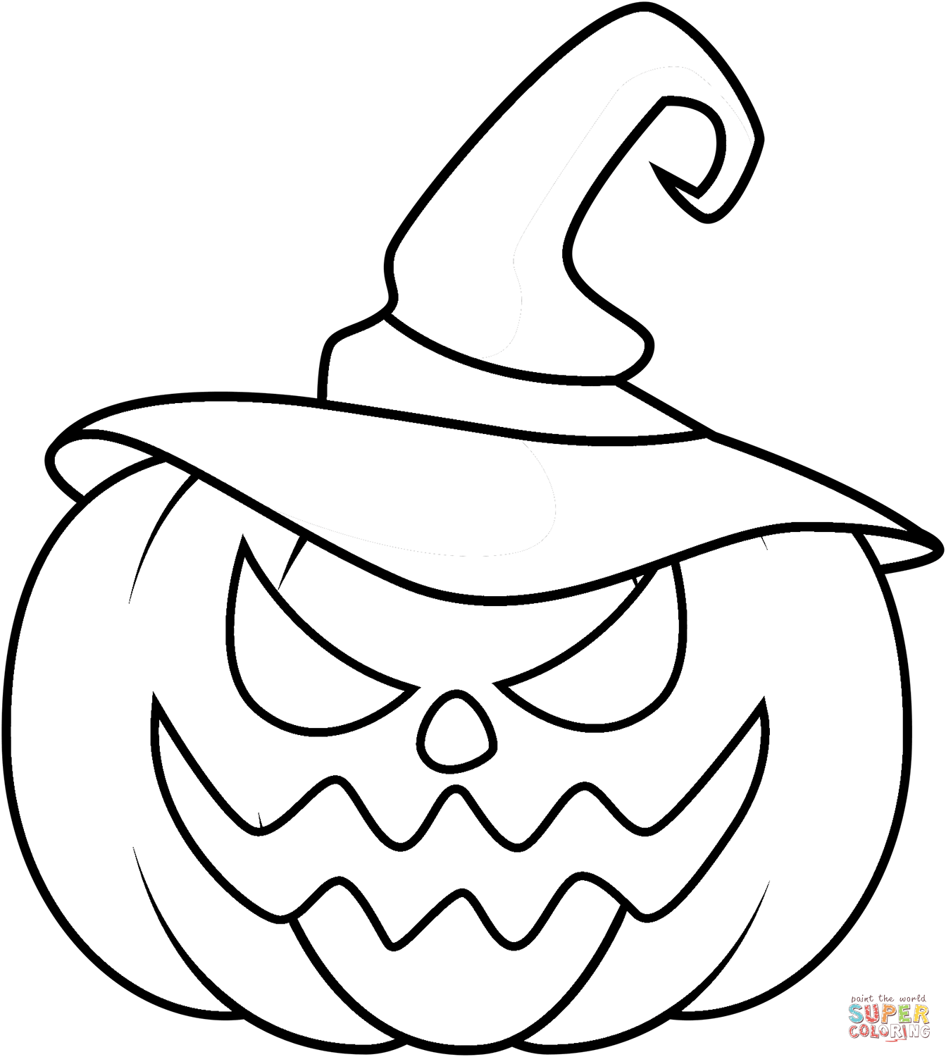 Halloween pumpkin in witches hat coloring page free printable coloring pages