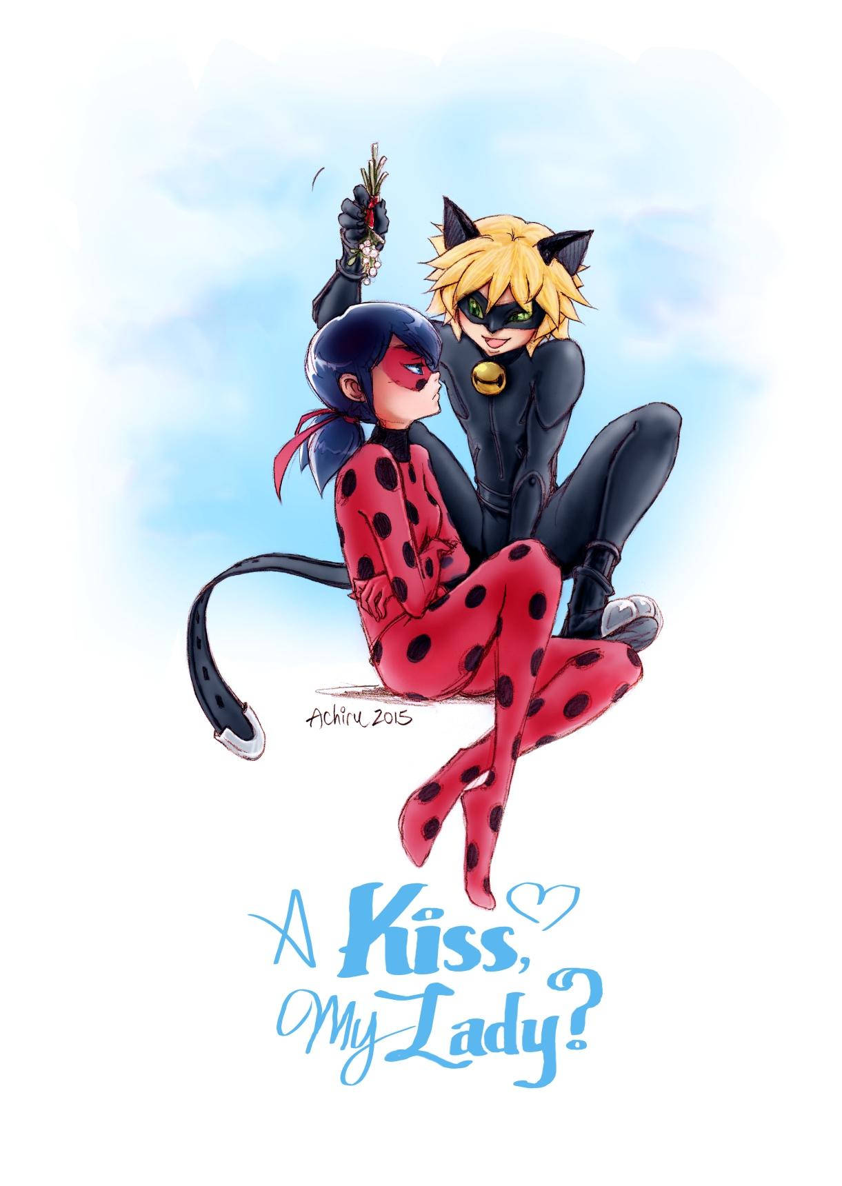 Download ladybug and cat noir kiss watercolor wallpaper