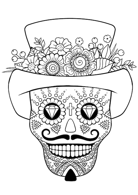 Premium vector day of the dead zentangle sugar skull vector adult coloring book