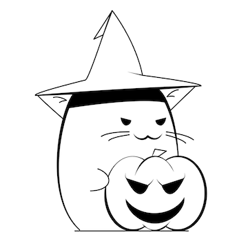 Premium vector halloween cat in a witch hat with different objects in his hands and emotions