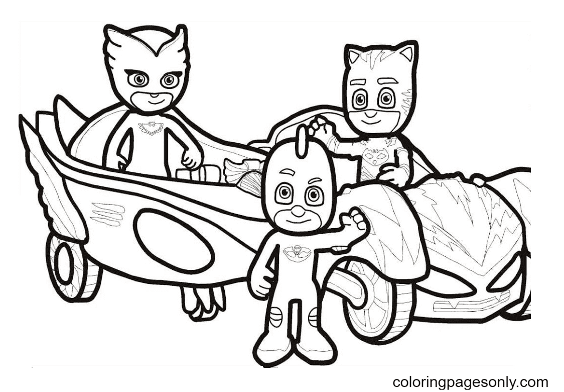 Pj masks in their cars coloring page