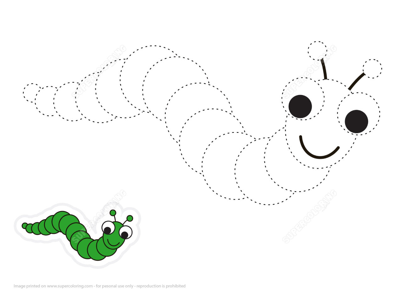 Draw funny caterpillar by tracing lines free printable puzzle games