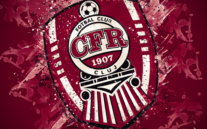 Download wallpapers cfr cluj k paint art logo creative romanian football team liga emblem purple background grunge style cluj