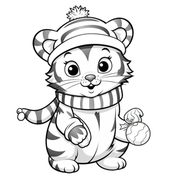 Coloring book for kids with a cute tiger using santa hat and scarf in christmas ball chibi character doodle character kawaii png transparent image and clipart for free download