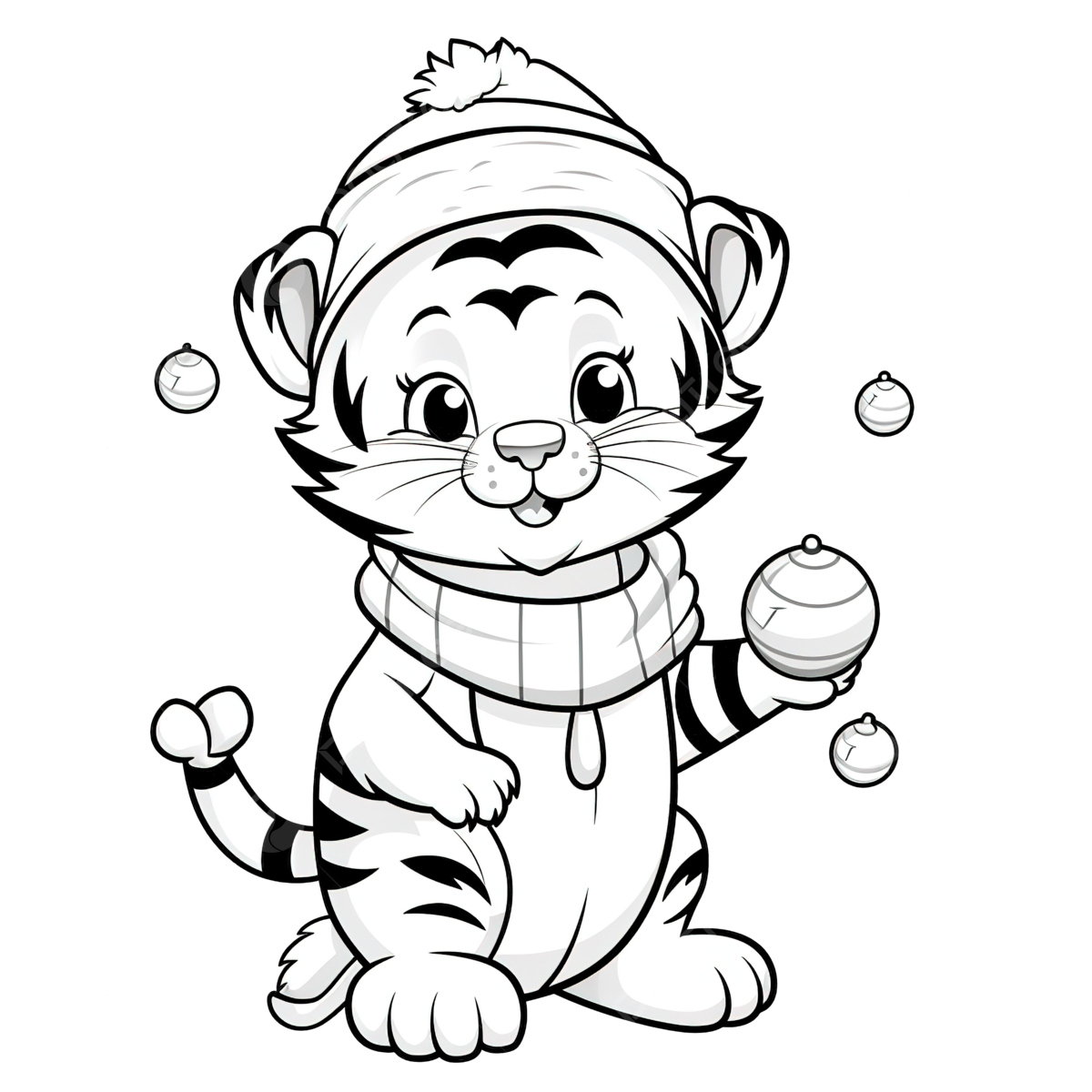 Coloring book for kids with a cute tiger using santa hat and scarf in christmas ball chibi character doodle character kawaii png transparent image and clipart for free download