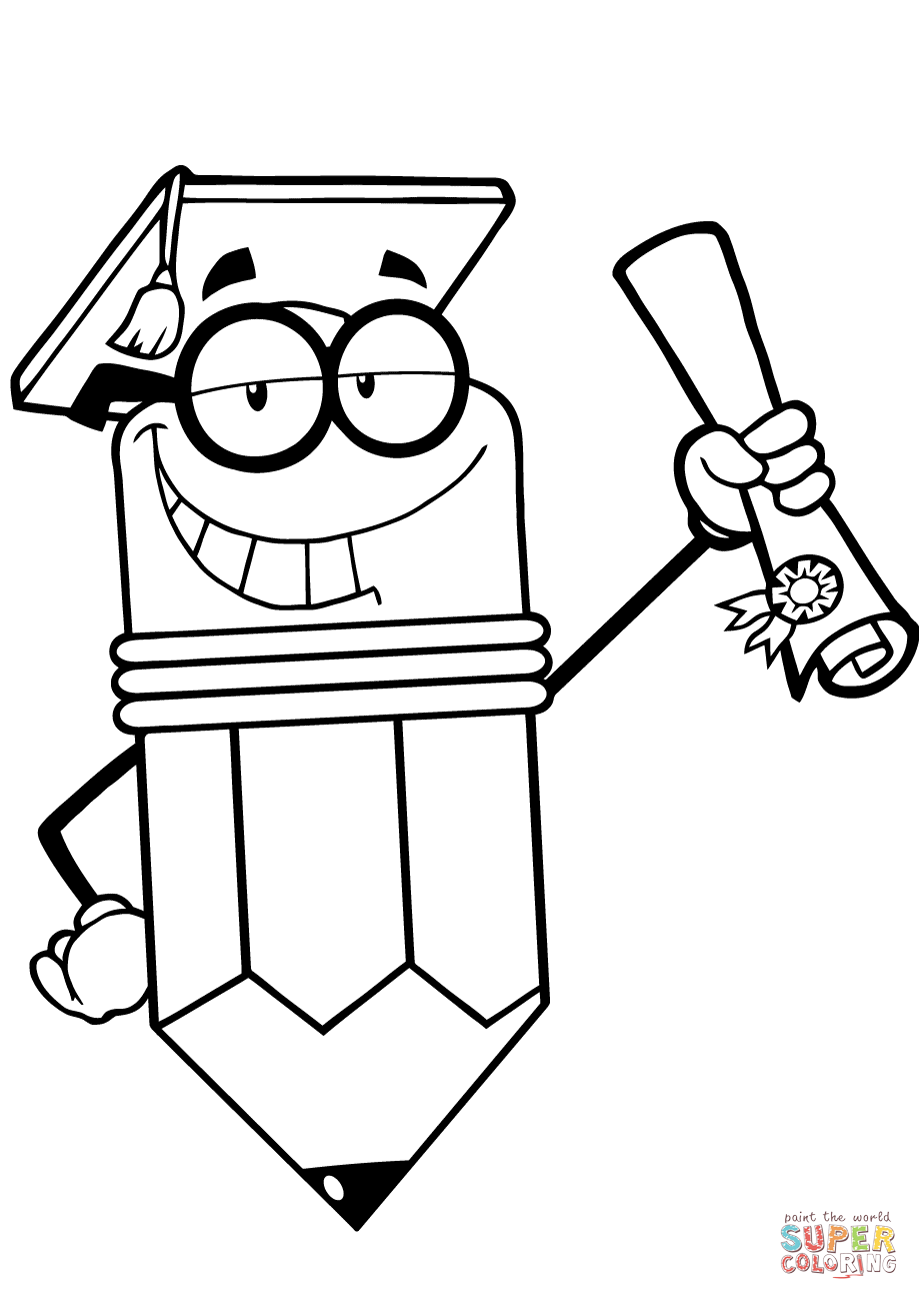 Happy pencil character graduate with diploma coloring page free printable coloring pages